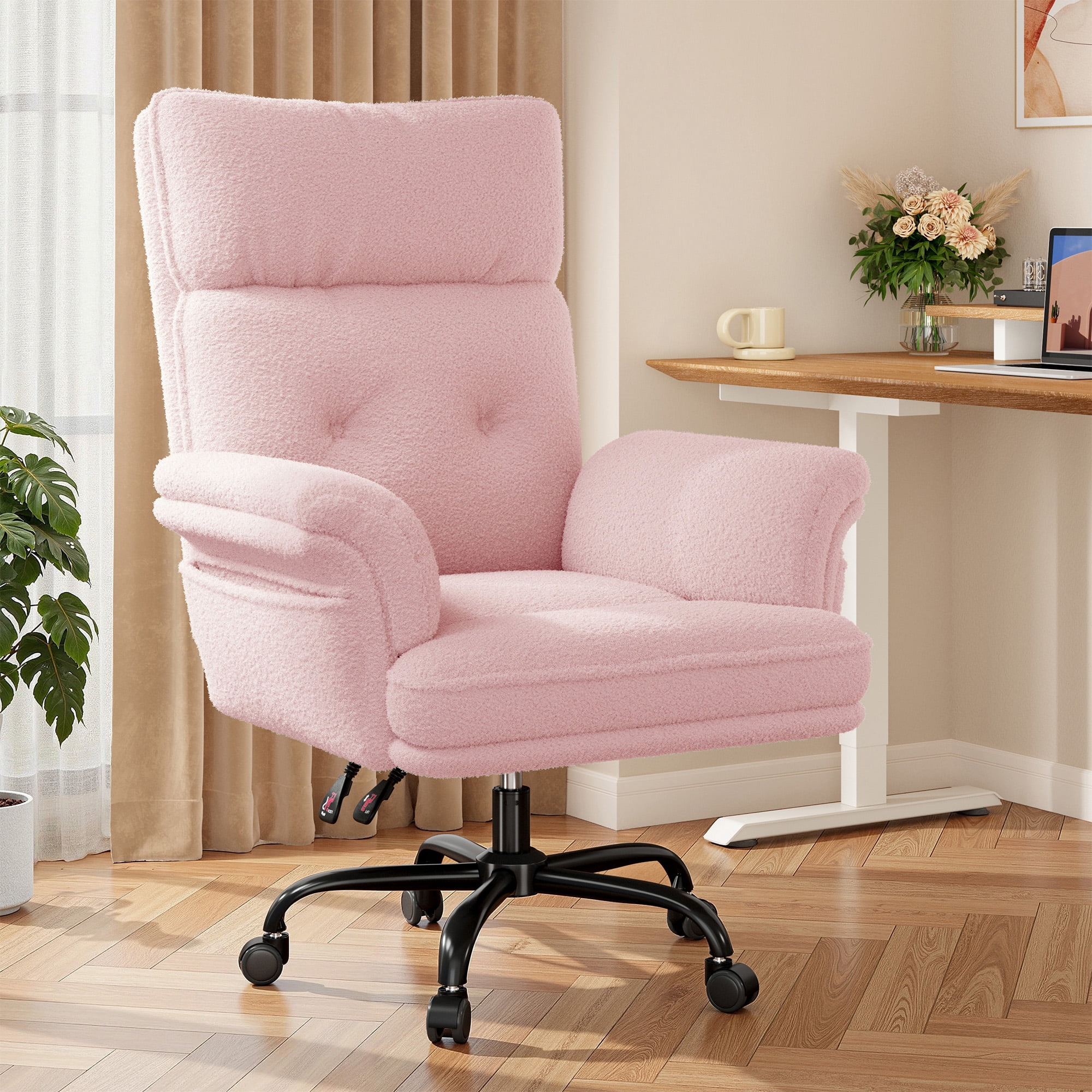 Romorgniz Criss Cross Chair with Armrests & Wheels Ergonomic Computer Gaming Chair with Two Side Pockets Teddy Plush Wide Seat Reclining Desk Chair for Home Office, Pink