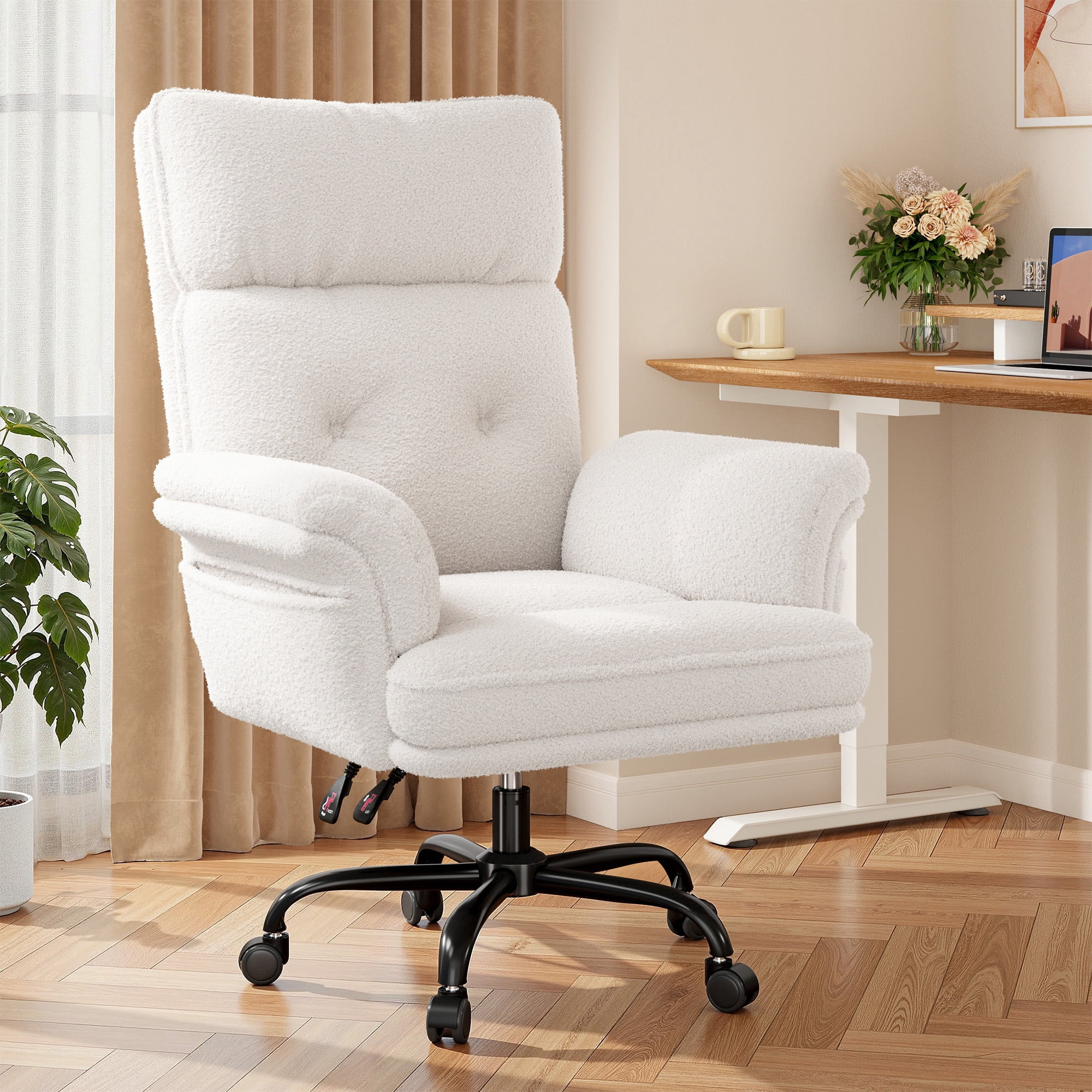 Romorgniz Criss Cross Chair with Armrests & Wheels Ergonomic Computer Gaming Chair with Two Side Pockets Teddy Plush Wide Seat Reclining Desk Chair for Home Office，White