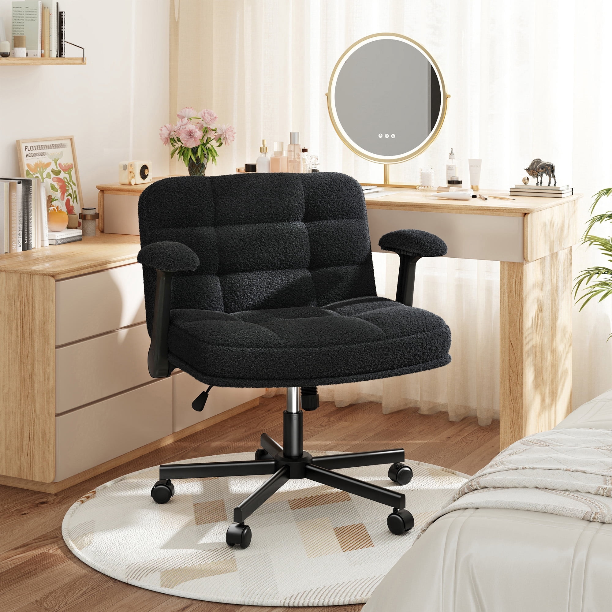 Romorgniz Criss Cross Chair with Flip-up Arms & Wheels Desk Chair with Adjustable Height & Teddy Plush Fabric for Bedroom, Home Office Desk, Vanity, Black