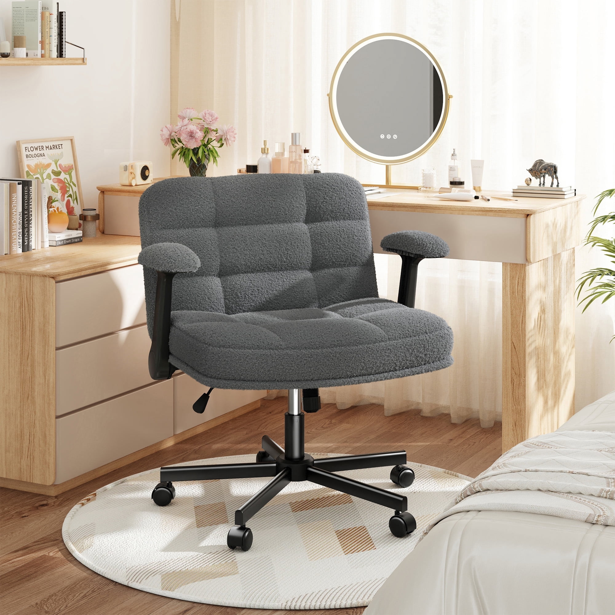 Romorgniz Criss Cross Chair with Flip-up Arms & Wheels Desk Chair with Adjustable Height & Teddy Plush Fabric for Bedroom, Home Office Desk, Vanity, Gray