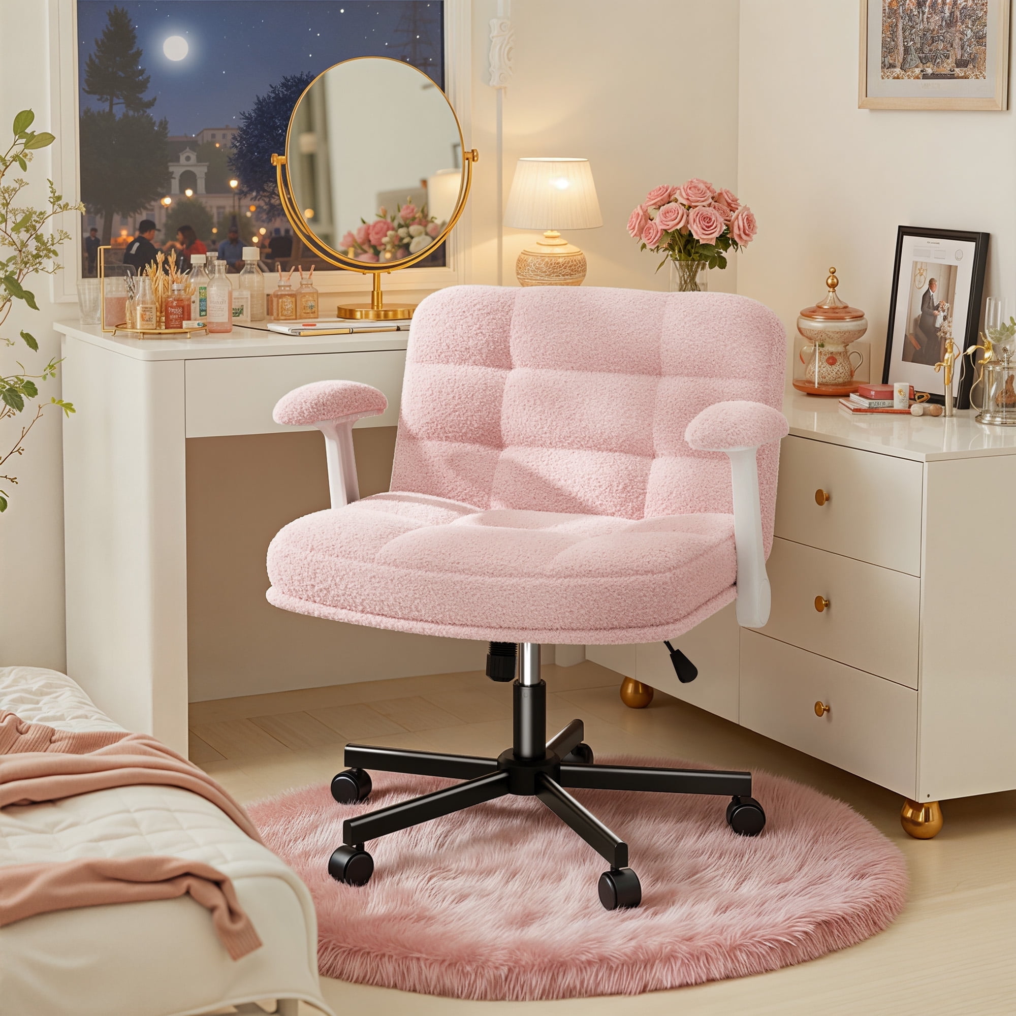 Romorgniz Criss Cross Chair with Flip-up Arms & Wheels Desk Chair with Adjustable Height & Teddy Plush Fabric for Bedroom, Home Office Desk, Vanity, Light Pink
