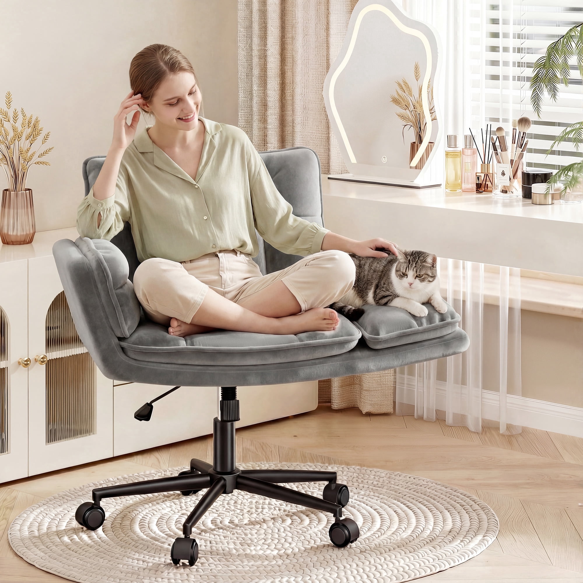 Romorgniz Criss Cross Chair with Wheels Plush Fleece Vanity Chair with 5-Gear Adjustable Armrests Ergonomic Office Chair for Home Office, Gray