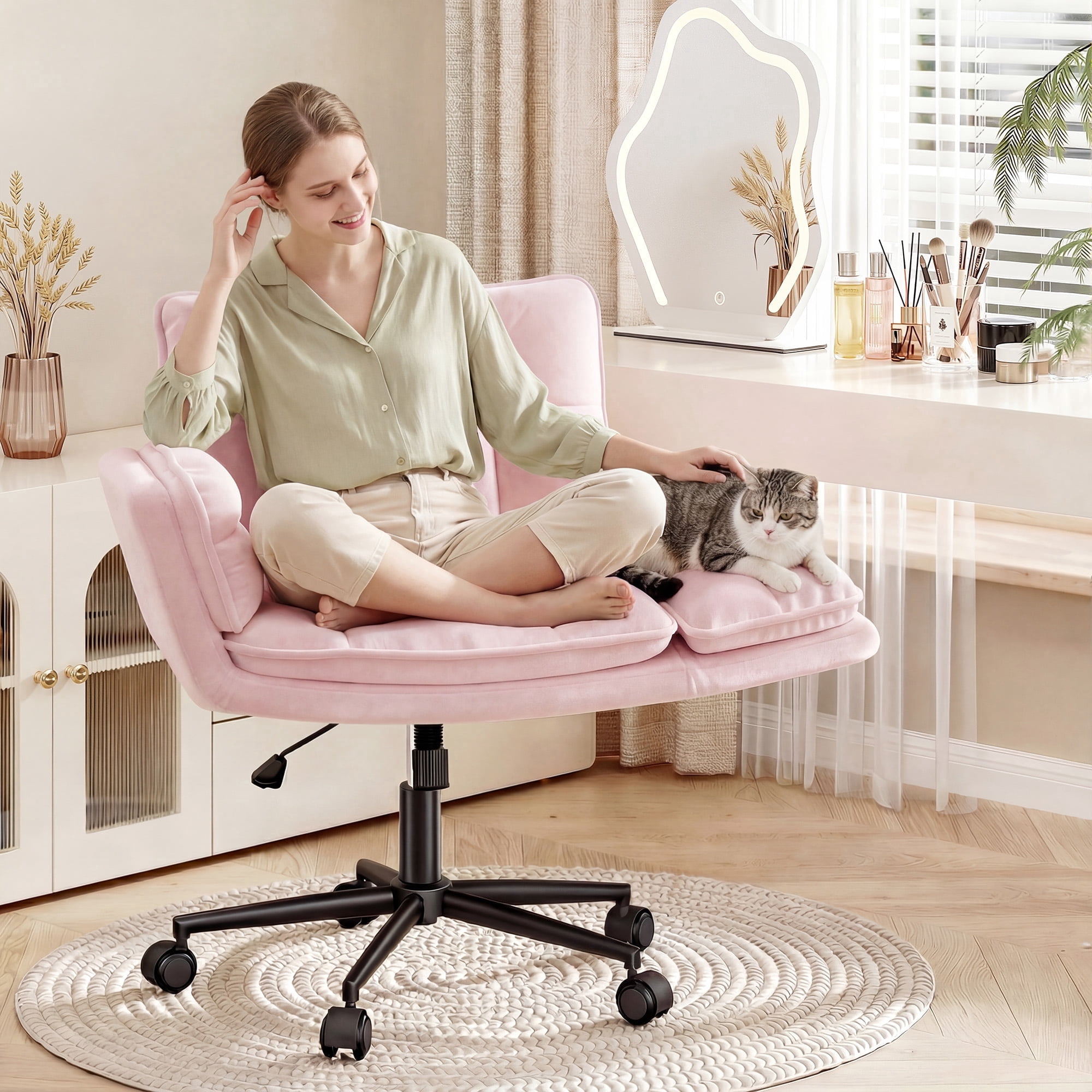 Romorgniz Criss Cross Chair with Wheels Plush Fleece Vanity Chair with 5-Gear Adjustable Armrests Ergonomic Office Chair for Home Office, Pink