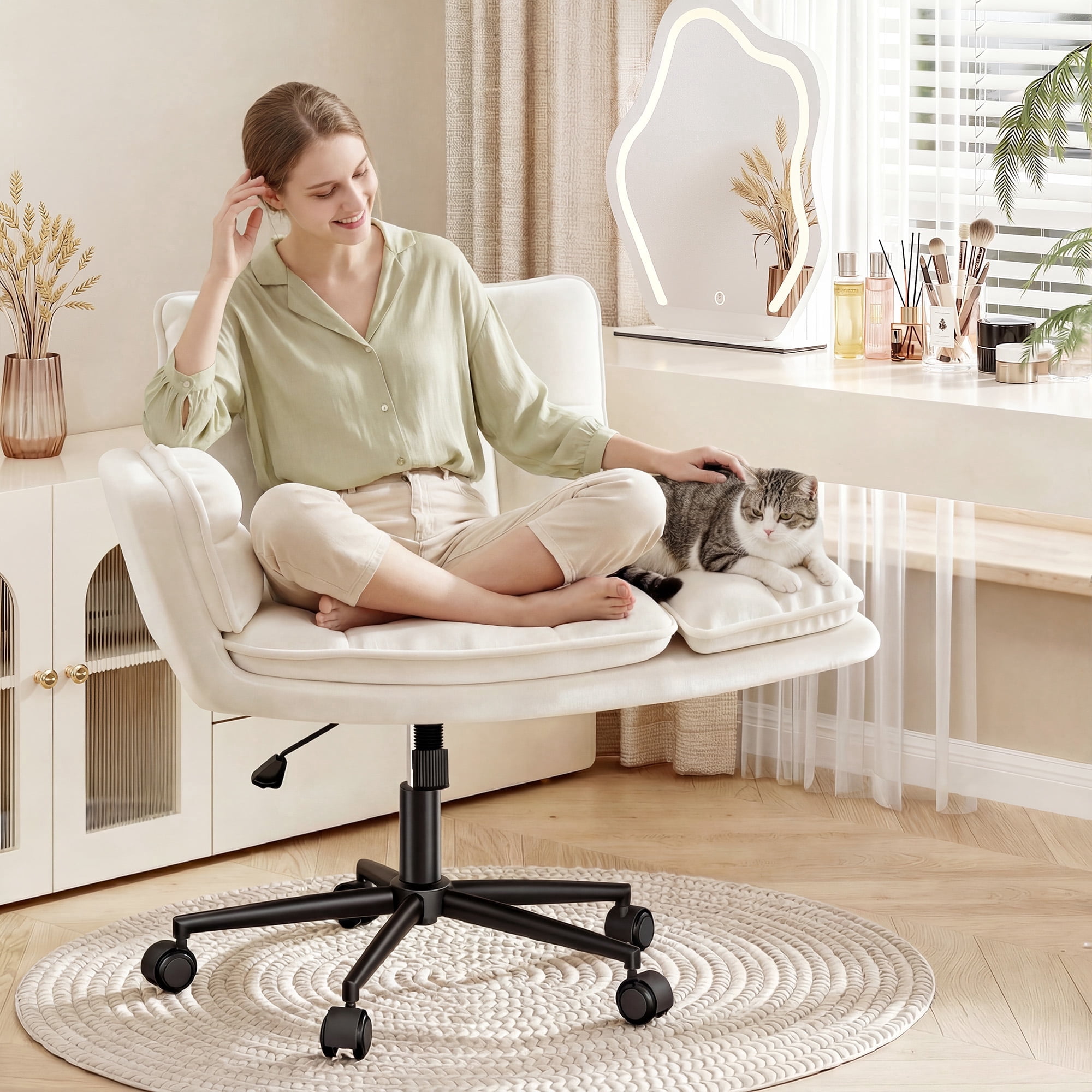 Romorgniz Criss Cross Chair with Wheels Plush Fleece Vanity Chair with 5-Gear Adjustable Armrests Ergonomic Office Chair for Home Office,White