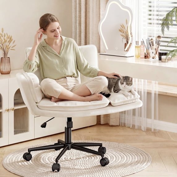 Romorgniz Criss Cross Chair with Wheels Plush Fleece Vanity Chair with 5-Gear Adjustable Armrests Ergonomic Office Chair for Home Office,White