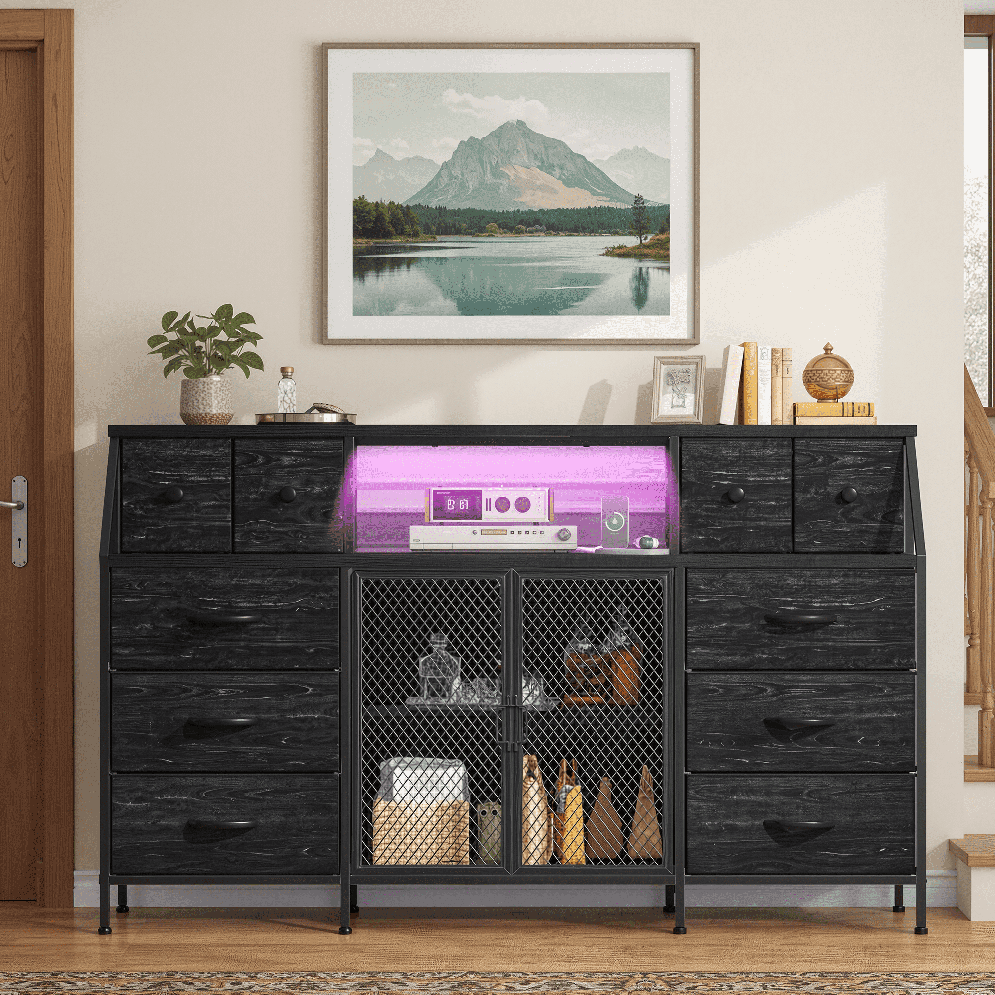 Romorgniz Dresser for Bedroom with 10 Fabric Drawers & Mesh Door 55" Long Dressers & Chest of Drawers with LED Lights & Charging Station for Living Room, Black