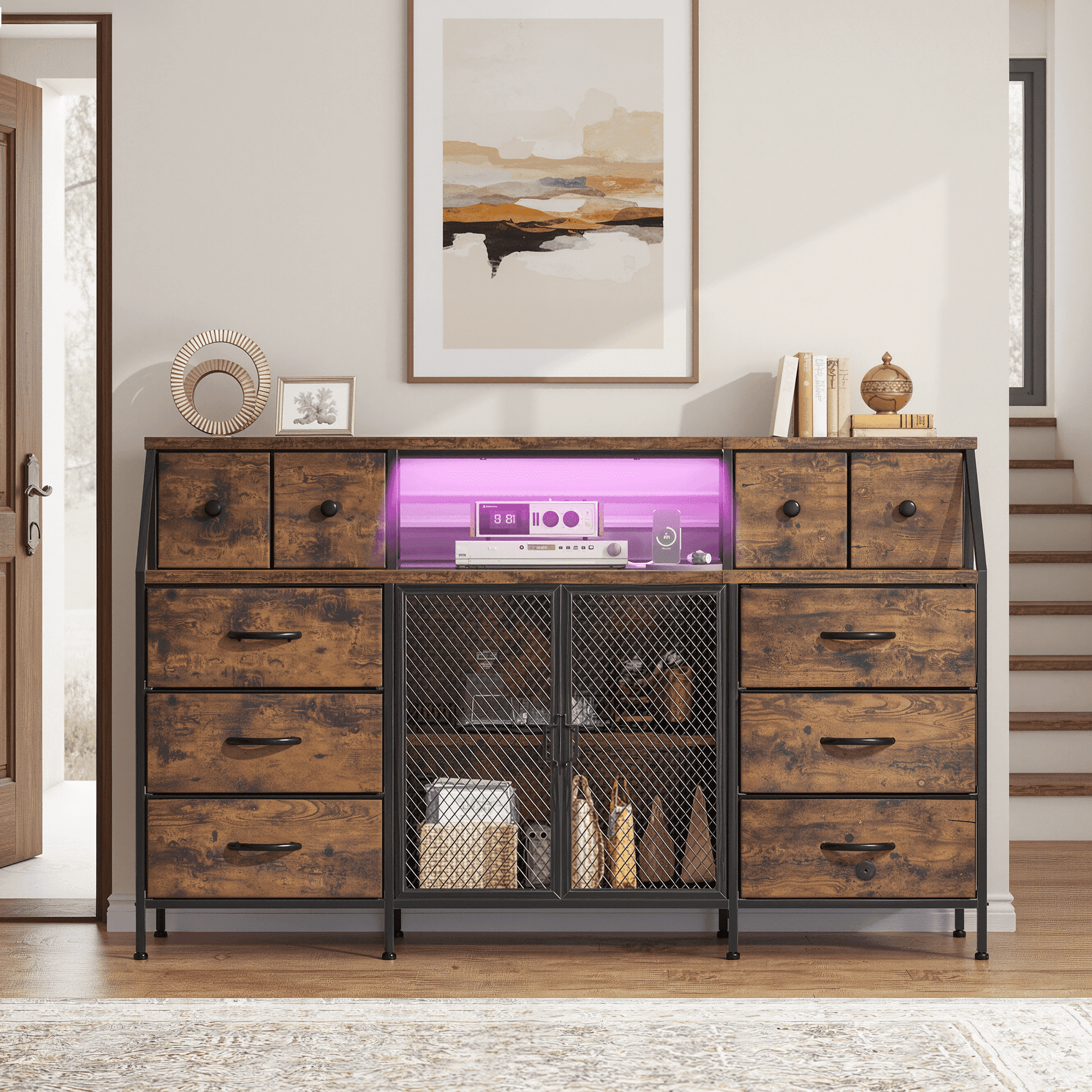 Romorgniz Dresser for Bedroom with 10 Fabric Drawers & Mesh Door 55" Long Dressers & Chest of Drawers with LED Lights & Charging Station for Living Room, Rustic Brown