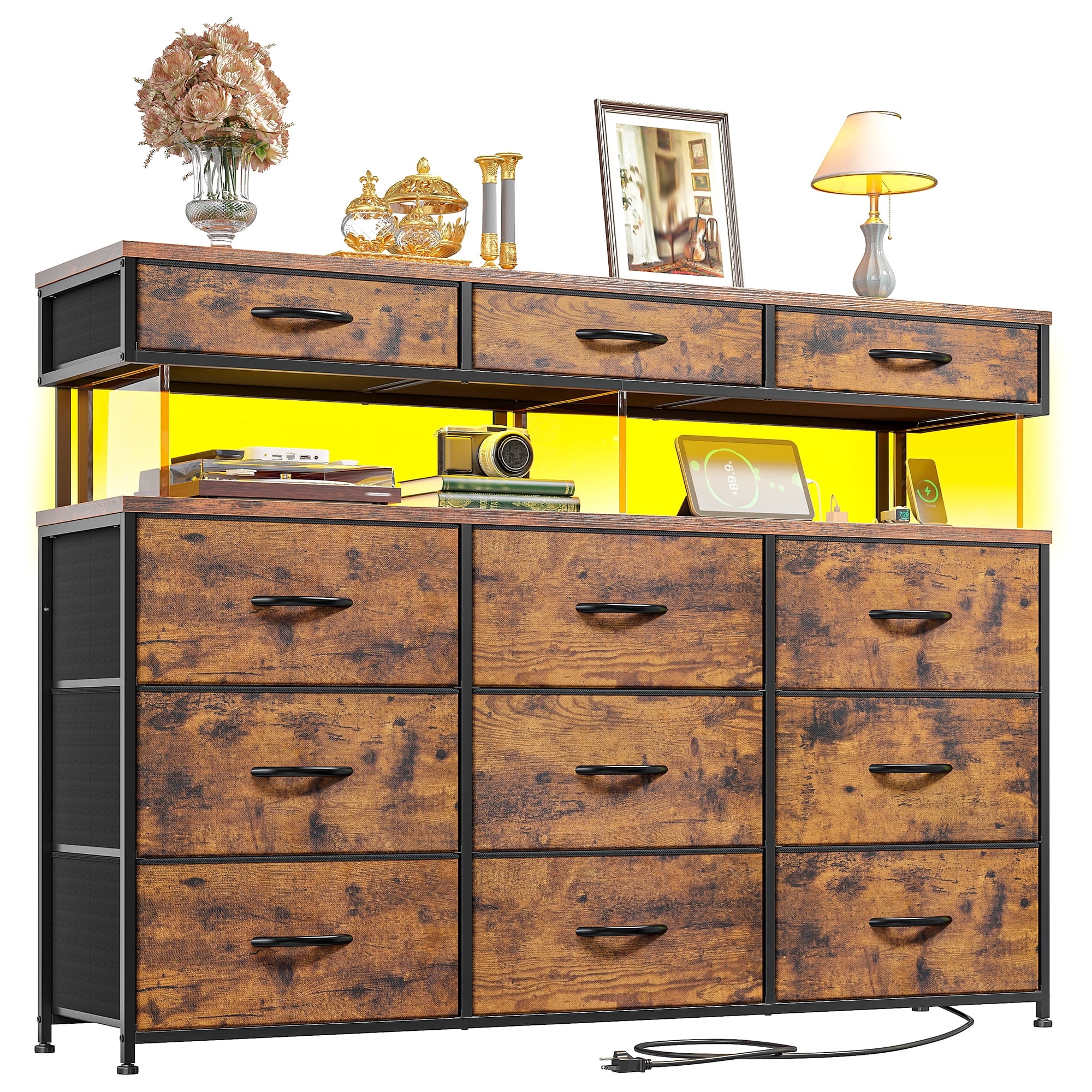 Romorgniz Dresser for Bedroom with 12 Fabric Drawers Wide Dresser with LED Lights & Charging Station Chest of Drawers with Acrylic Sheet, Rustic Brown