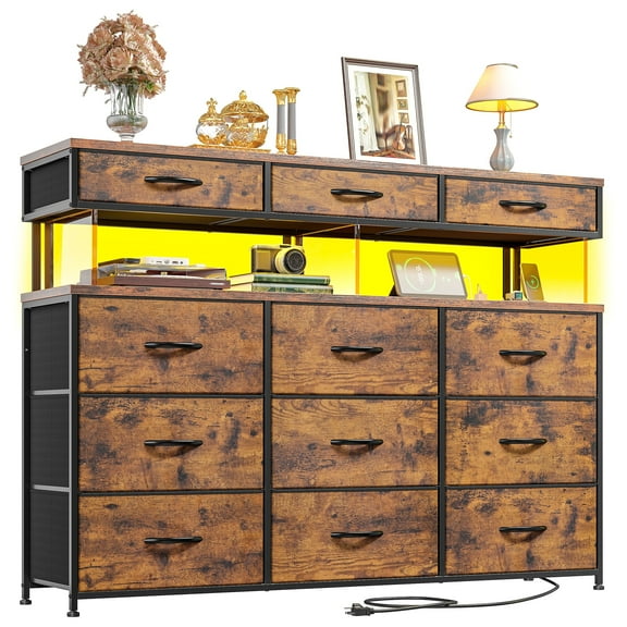 Romorgniz Dresser for Bedroom with 12 Fabric Drawers Wide Dresser with LED Lights & Charging Station Chest of Drawers with Acrylic Sheet, Rustic Brown