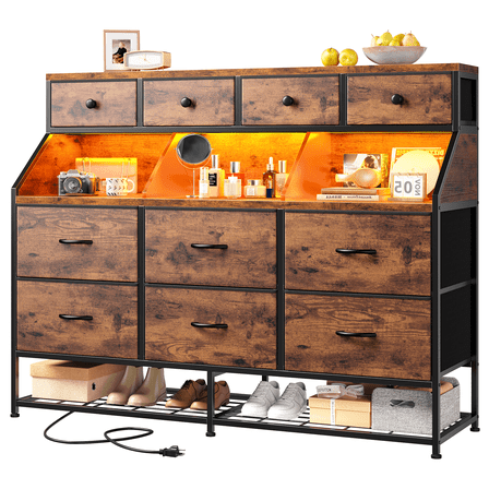 Romorgniz Dresser for Bedroom with 10 Drawers & Shoe Rack Fabric Dressers & Chests of Drawers with LED Lights and Power Outlets,Rustic Brown