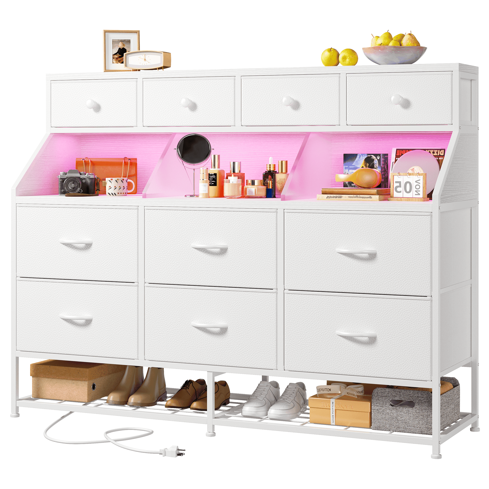 Romorgniz Dresser for Bedroom with 10 Drawers & Shoe Rack Fabric Dressers & Chests of Drawers with LED Lights and Power Outlets,White