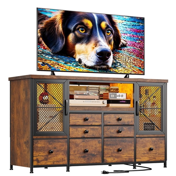 Romorgniz Dresser for Bedroom with 8-Drawers，TV Stand for 60"TV with LED Lights & Power Outlets,Mesh Door,Rustic Brown
