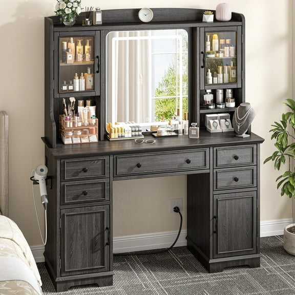 Romorgniz Farmhouse Vanity Desk Makeup Vanity with LED Mirror ,5 Drawers,Open Shelves,Power Outlet Dressing Table with Blow Dryer Holder, Black