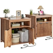 Romorgniz Fluted Nightstand Set of 2 with Charging Station, 23.6" Wide Bedside Table with Drawer, Modern Farmhouse End Table for Bedroom, Walnut