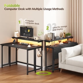Romorgniz 31.5"D Folding Desk with Monitor Stand, Computer Desk with LED Lights & Hooks, Office Desk for Bedroom, Black