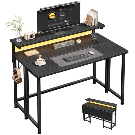Romorgniz 39.4"D Folding Desk with Monitor Stand, Computer Desk with LED Lights & Hooks, Office Desk for Bedroom, Black