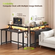 Romorgniz 39.4"D Folding Desk with Monitor Stand, Computer Desk with LED Lights & Hooks, Office Desk for Bedroom, Black