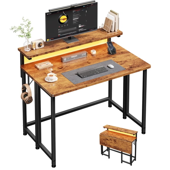 Romorgniz Foldable Desk with LED Lights and Monitor Stand, 31.5"W Small Desk with Hooks for Small Spaces & Corner, Brown