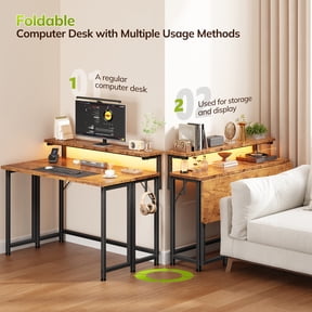 Romorgniz 31.5"D Computer Desk with LED Lights, Foldable Desk with Monitor Stand & Hooks, Computer Desk for , Rustic Brown