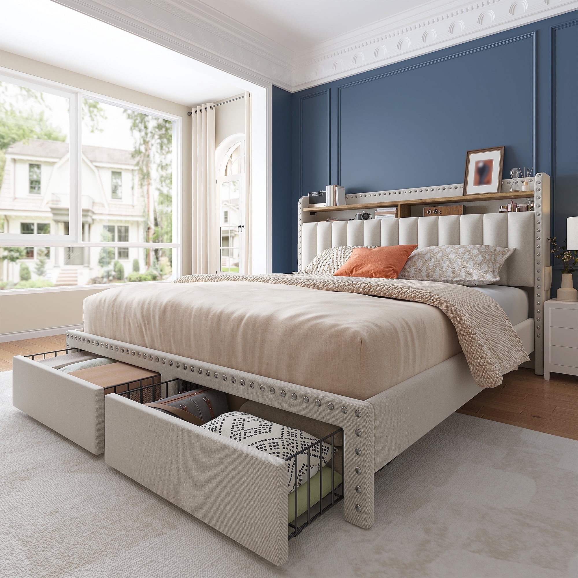 Romorgniz Full Size Bed Frame with 2 Storage Drawers and 2-Tier Storage ...