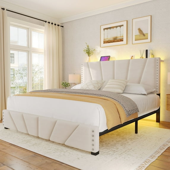 Romorgniz Full Size Bed Frame with Underbed Storage Upholstered Bed Frame with Adjustable Headboard & LED Light & Charge Station ,Beige