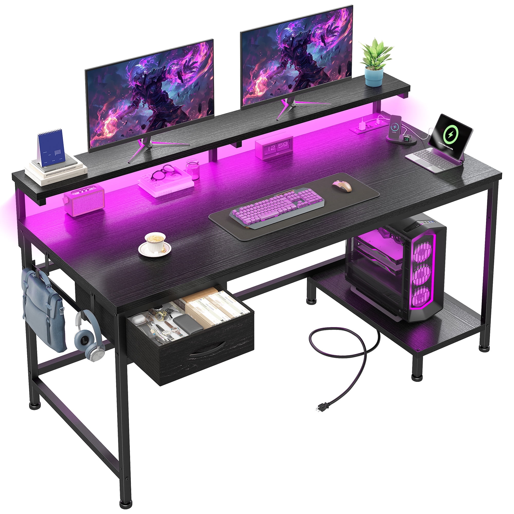 Romorgniz Gaming Desk with Power Outlet, Fabric Drawer & RGB LED Lights, Black Computer Desk with Adjustable Monitor Stand & CPU Holder for Home Office