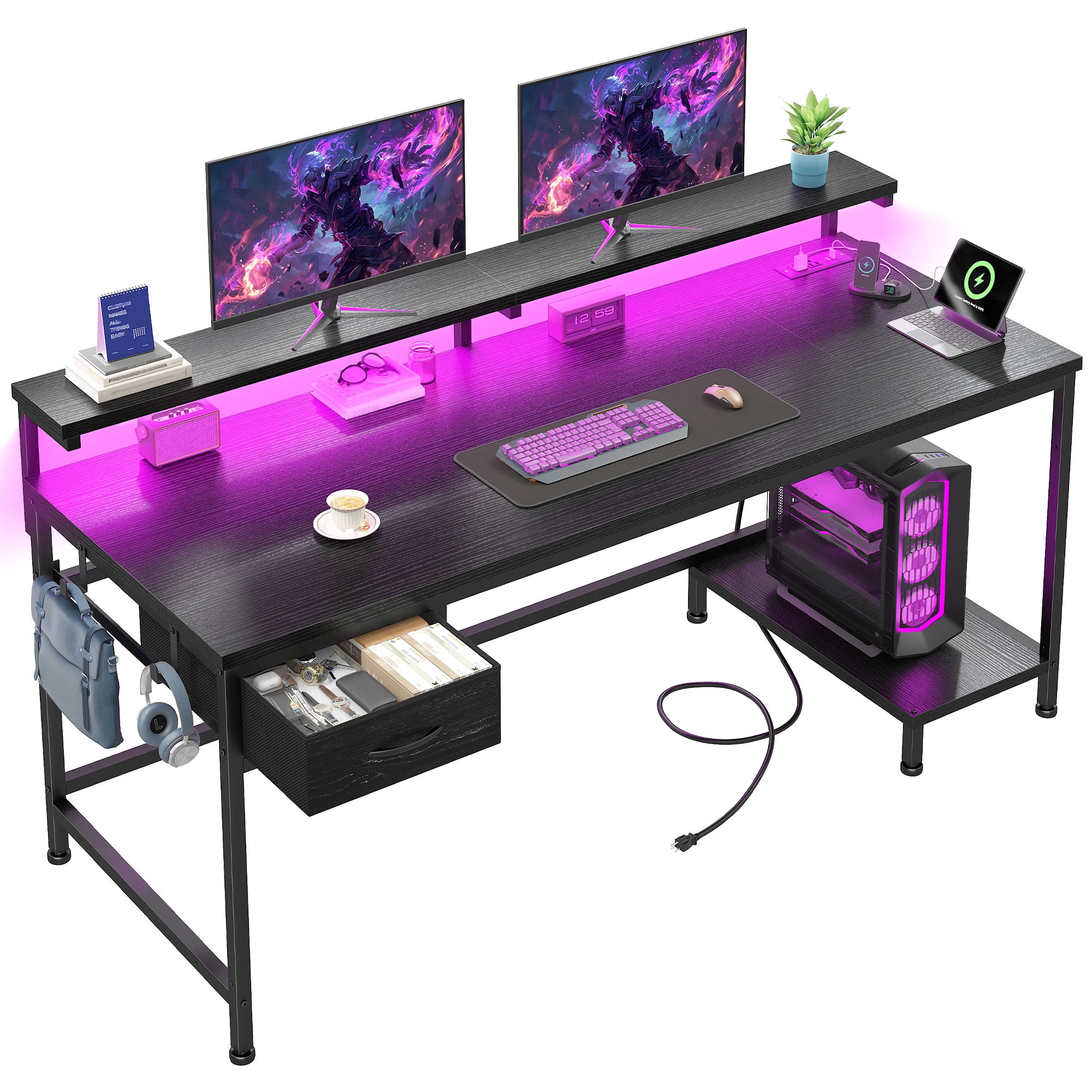 Romorgniz Gaming Desk with Power Outlet, Fabric Drawer & RGB LED Lights, Black Computer Desk with Adjustable Monitor Stand & CPU Holder for Home Office