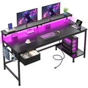 Romorgniz Gaming Desk with Power Outlet, Fabric Drawer & RGB LED Lights, Black Computer Desk with Adjustable Monitor Stand & CPU Holder for Home Office
