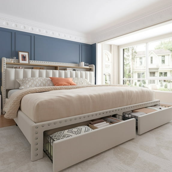 Romorgniz King Size Bed Frame with 2 Storage Drawers and 2-Tier Storage Shelf Upholstered Bed Frame with Headboard Platform Bed Frame Noise-Free No Box Spring Needed,Beige