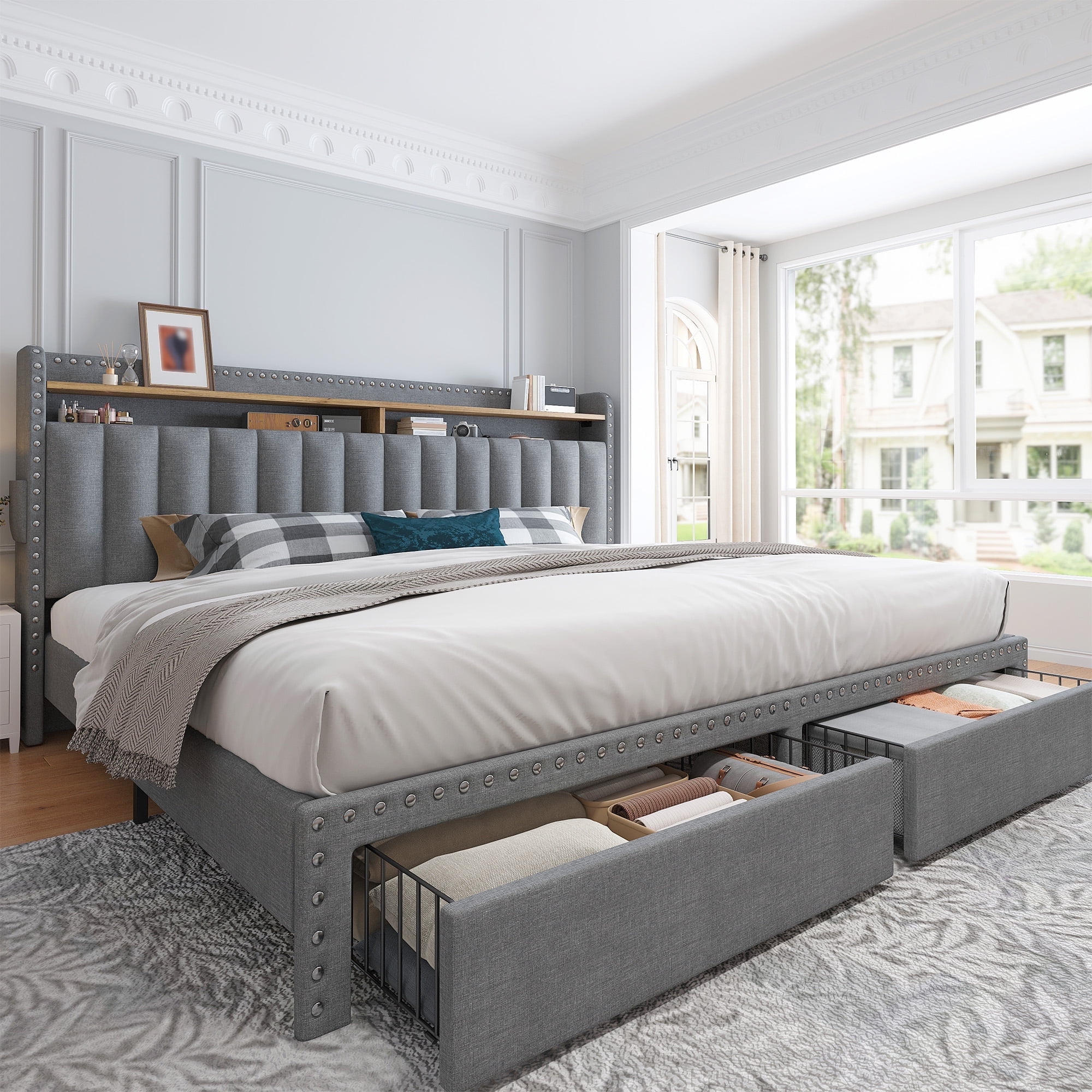 Romorgniz King Size Bed Frame with 2 Storage Drawers and 2-Tier Storage Shelf Upholstered Bed Frame with Headboard Platform Bed Frame Noise-Free No Box Spring Needed,Grey
