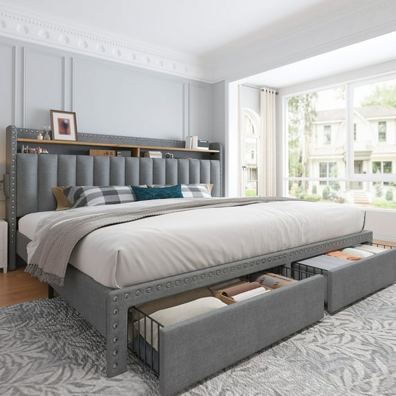 Romorgniz King Size Bed Frame with 2 Storage Drawers and 2-Tier Storage Shelf Upholstered Bed Frame with Headboard Platform Bed Frame Noise-Free No Box Spring Needed,Grey