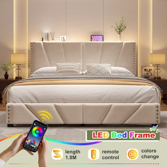 Romorgniz King Size Bed Frame with Underbed Storage Upholstered Bed Frame with Adjustable Headboard Platform Bed Frame with LED Light & Charge Station ,Beige