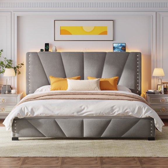 Romorgniz King Size Bed Frame with Underbed Storage Upholstered Bed Frame with Adjustable Headboard & LED Light & Charge Station ,Gray