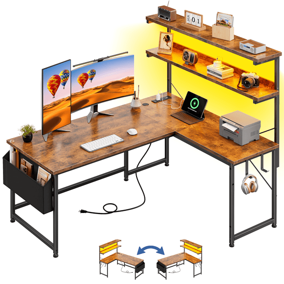 Romorgniz L Shaped Computer Desk with LED Lights & Power Outlet, Reversible 43.3"W Gaming Desk with Storage Shelf, Side Bag, Hooks for Home Office, Rustic Brown