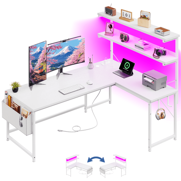 Romorgniz L Shaped Computer Desk with LED Lights & Power Outlet, Reversible 43.3"W Gaming Desk with Storage Shelf, Side Bag, Hooks for Home Office, White