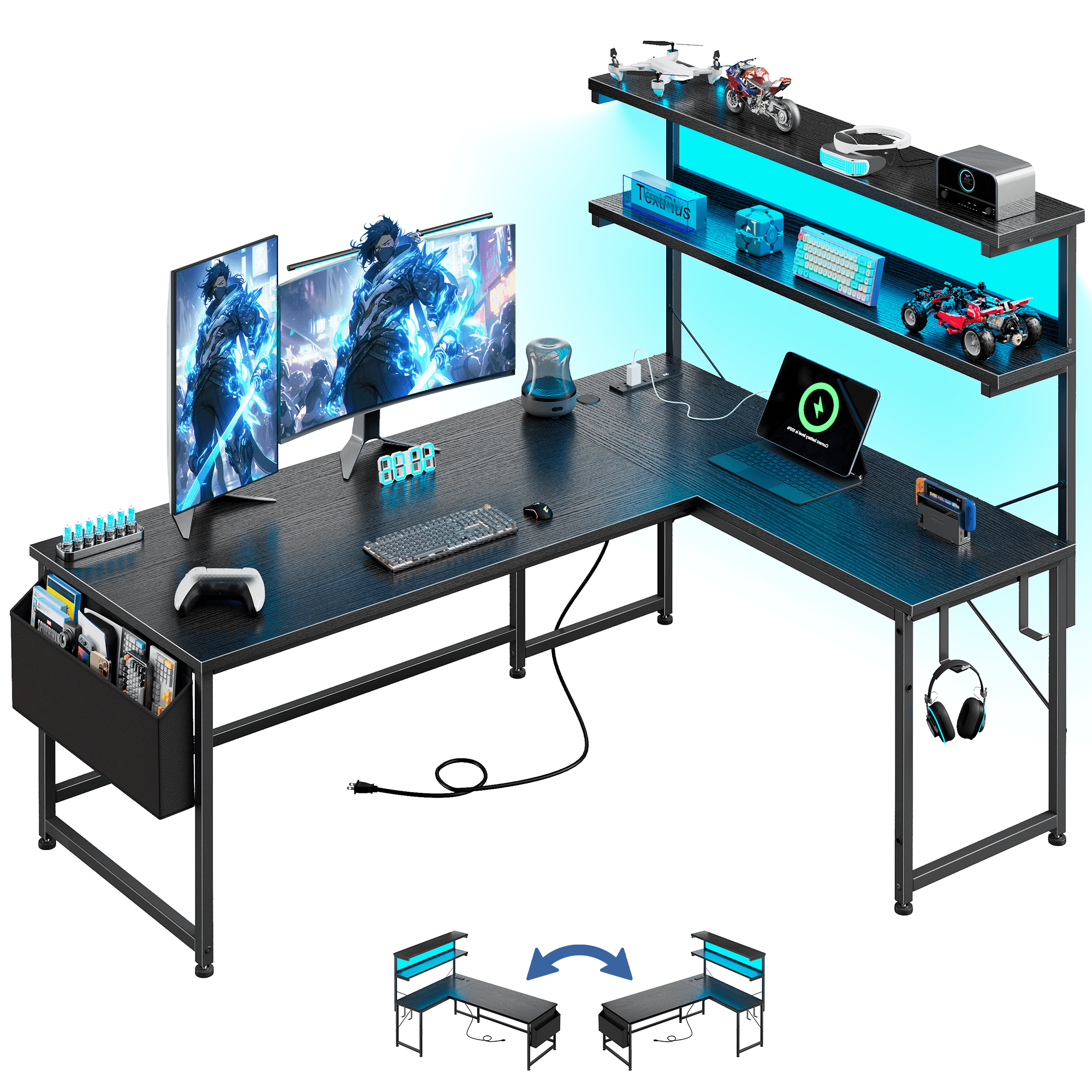Romorgniz L Shaped Computer Desk with LED Lights & Power Outlet, Reversible 53"W Gaming Desk with Storage Shelf, Side Bag, Hooks for Home Office, Black