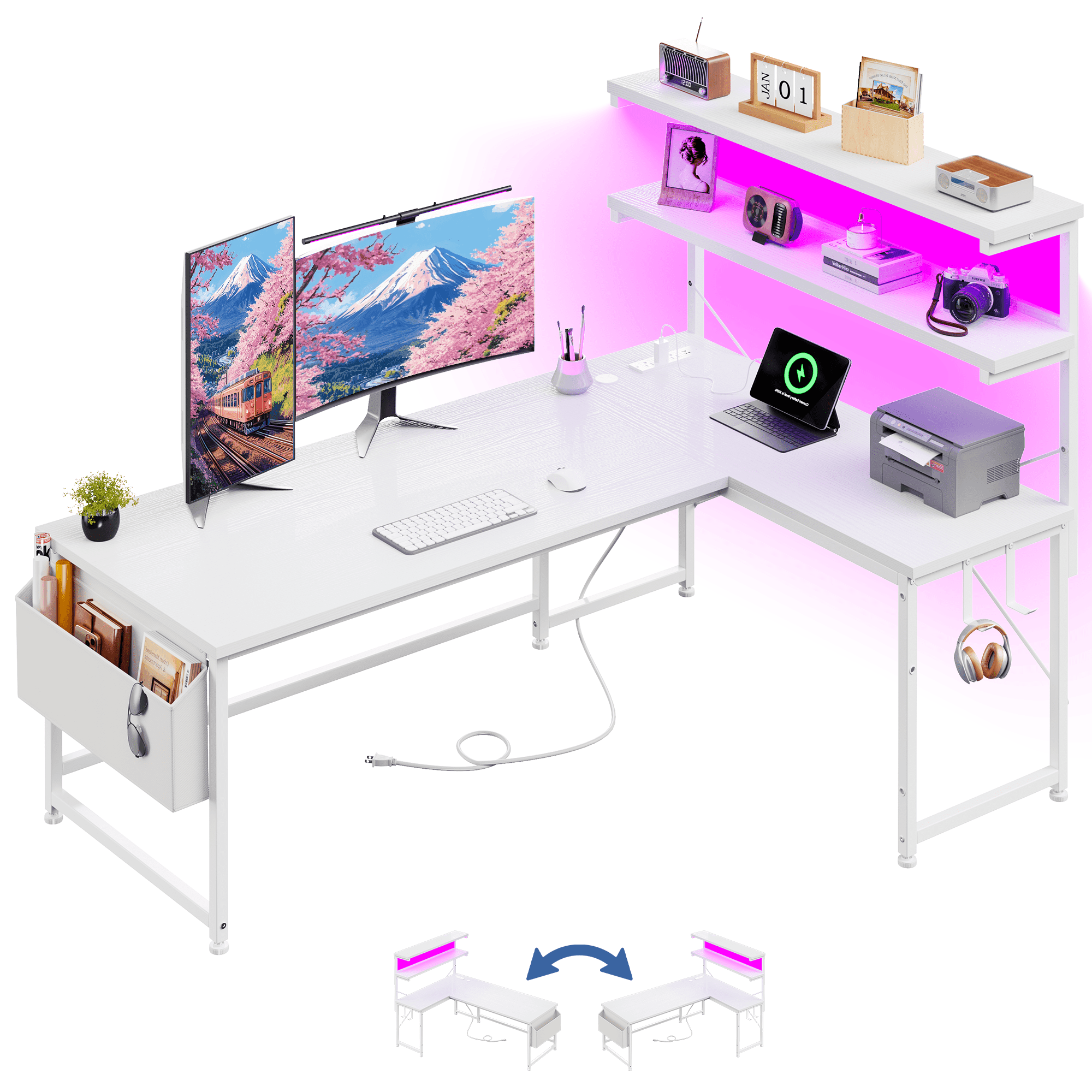 Romorgniz L Shaped Computer Desk with LED Lights & Power Outlet, Reversible 53"W Gaming Desk with Storage Shelf, Side Bag, Hooks for Home Office, White