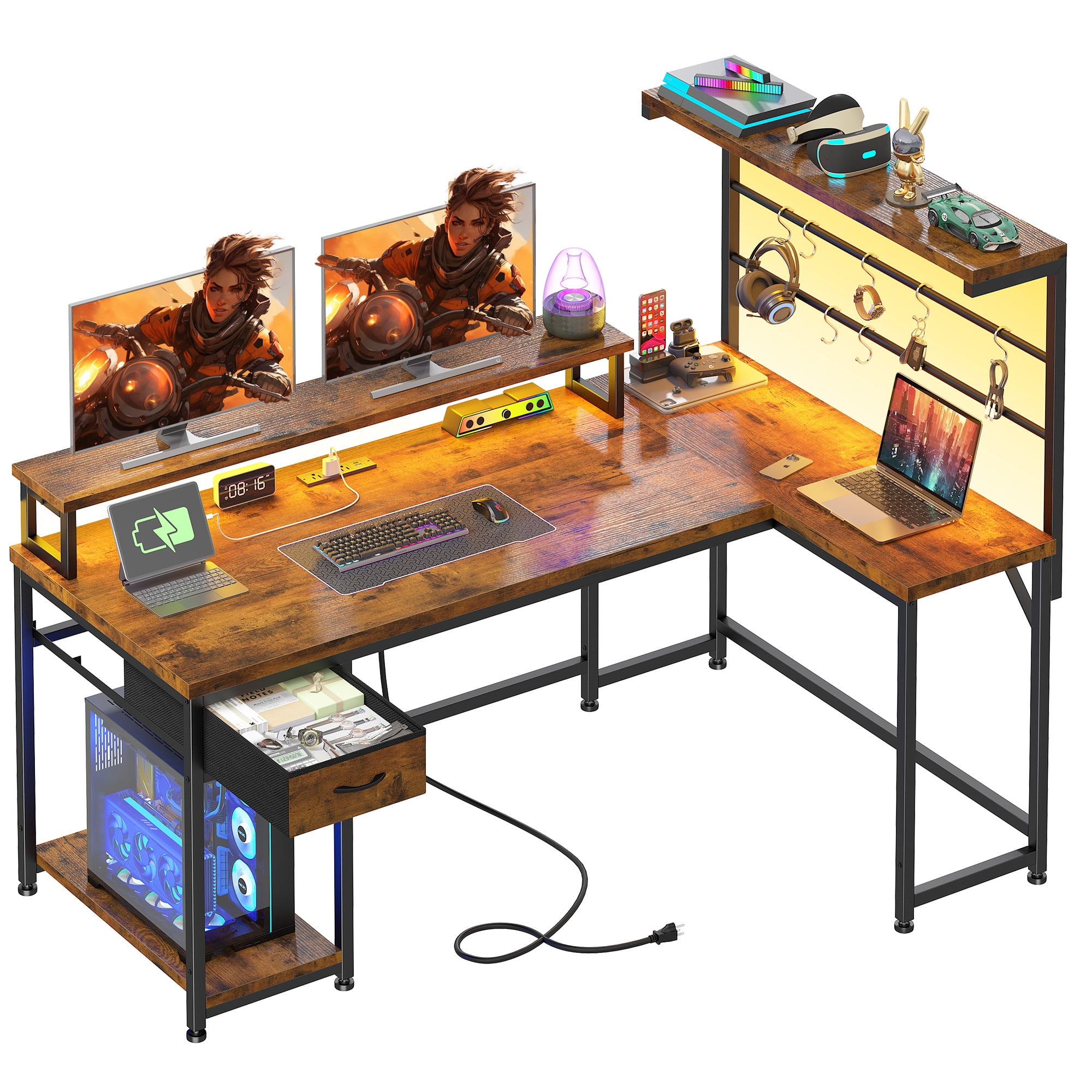 Romorgniz  L Shaped Desk with Drawer, Officce Desk with Storage Shelves & LED Lights for Home Office, Rustic Brown