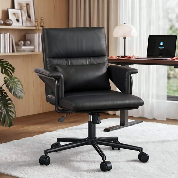 Romorgniz Leather Executive Office Chair Mid Back Desk Chair with Lumbar Pillow & Tile Lock Ergonomic Computer Chair Height Adjustable, Black