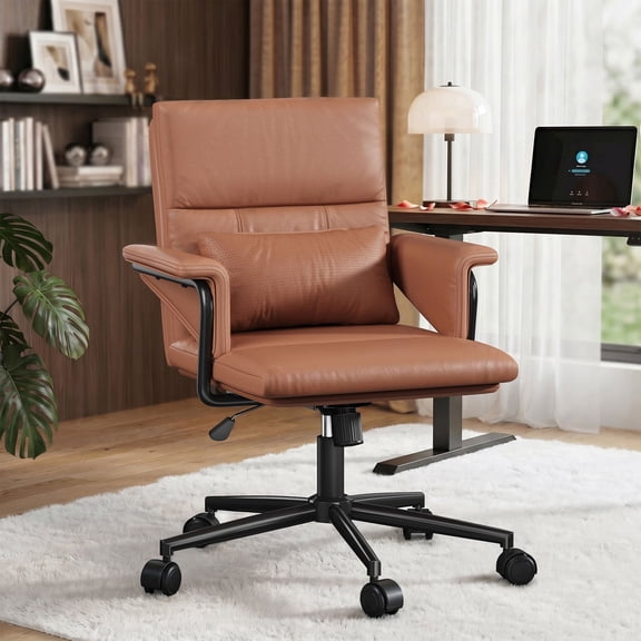 Romorgniz Leather Executive Office Chair Mid Back Desk Chair with Lumbar Pillow & Tile Lock Ergonomic Computer Chair Height Adjustable, Brown