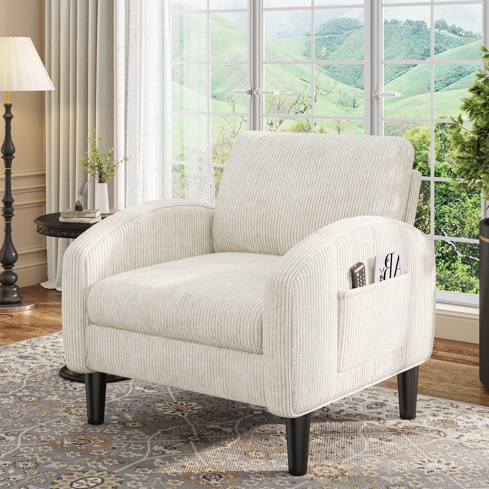Romorgniz Mid Century Modern Accent Chair, Lounge Armchair with Extra Thick 6.3" Cushion & Side Pockets, Comfort Chair for Living Room, Bedroom, Apartment, Small Space, Beige
