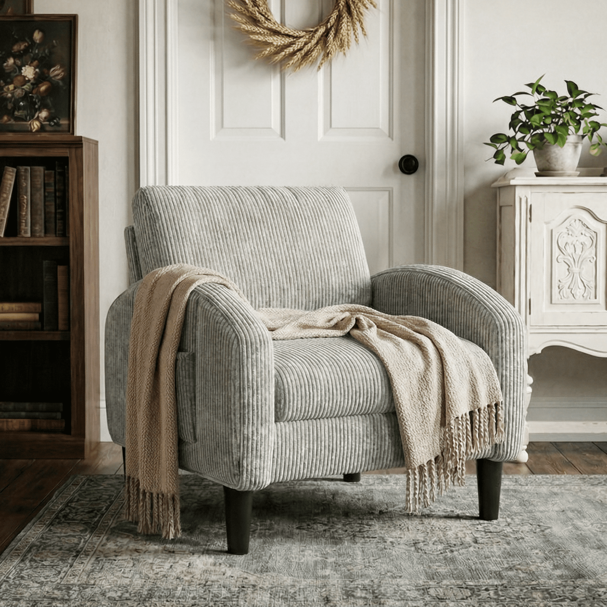 Romorgniz Mid Century Modern Accent Chair, Lounge Armchair with Extra Thick 6.3" Cushion & Side Pockets, Comfort Chair for Living Room, Bedroom, Apartment, Small Space, Light Gray