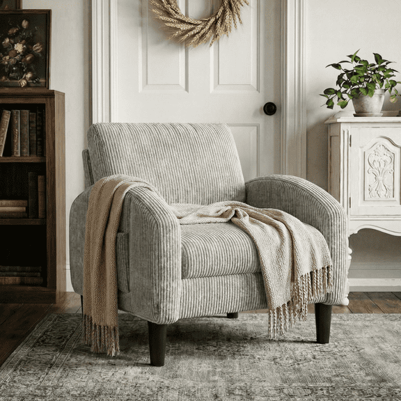 Romorgniz Mid Century Modern Accent Chair, Lounge Armchair with Extra Thick 6.3" Cushion & Side Pockets, Comfort Chair for Living Room, Bedroom, Apartment, Small Space, Light Gray