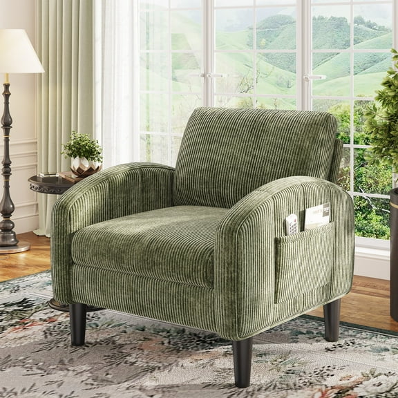 Romorgniz Mid Century Modern Accent Chair, Lounge Armchair with Extra Thick 6.3" Cushion & Side Pockets, Comfort Chair for Living Room, Bedroom, Apartment, Small Space, Forest Green