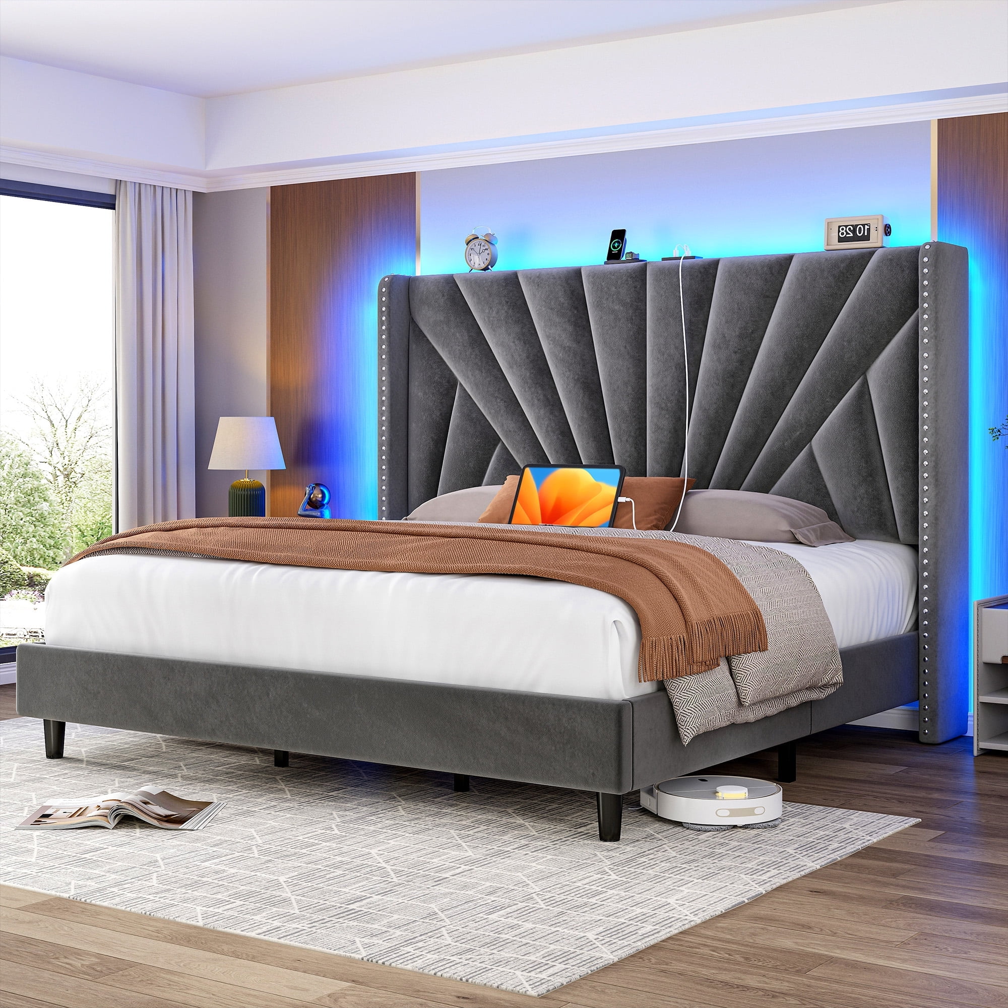 Romorgniz Queen Size Bed Frame with 51'' Tall Headboard Velvet Upholstered Bed Frame with Charging Station & LED Lights Platform Bed Frame No Box Spring Needed, Noise-Free,Grey