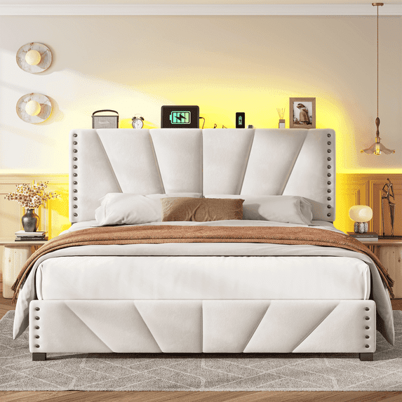 Romorgniz Queen Size Bed Frame with Underbed Storage Upholstered Bed Frame with Adjustable Headboard & LED Light & Charge Station ,Beige