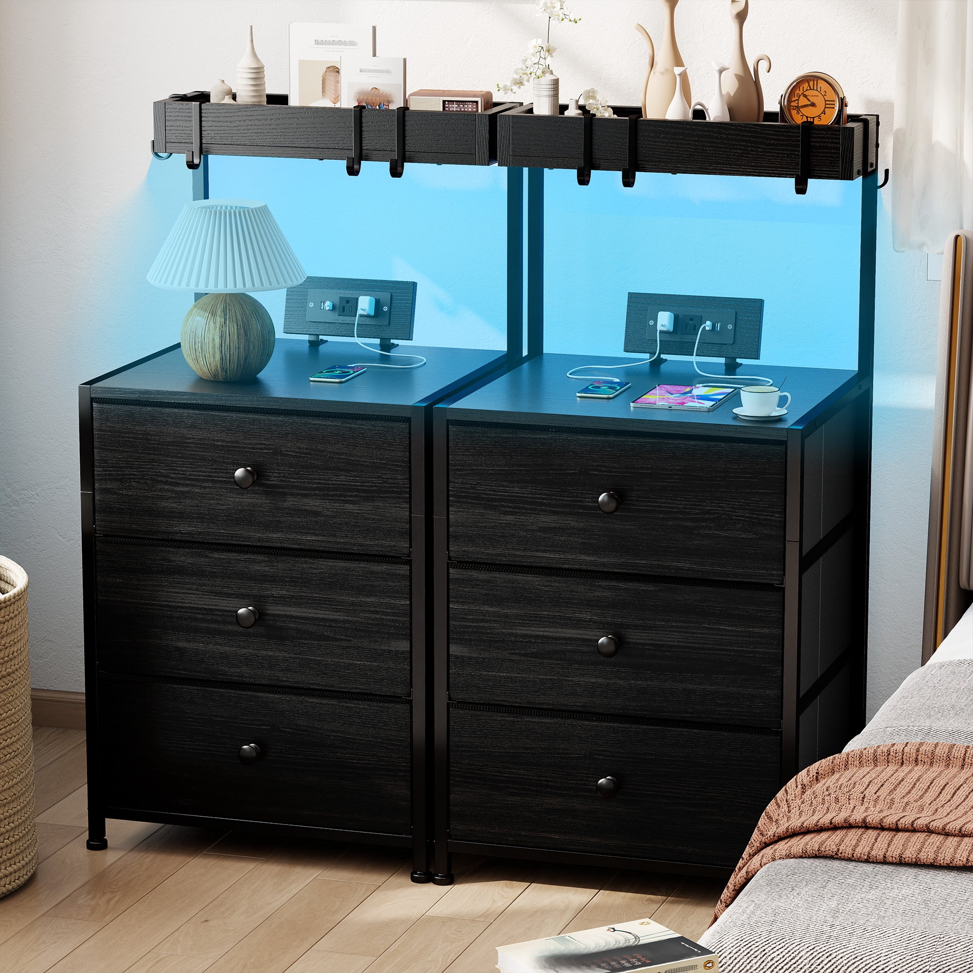 Romorgniz Set of 2 Tall Nightstands with Charging Station,LED Lights,3 Drawers & 4 Hooks,Bedside Tables with Outlets for Bedroom,Black