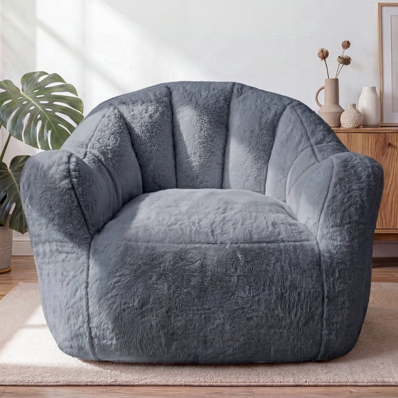 Romorgniz Shell-Shaped Bean Bag Chair with Filling & Side Pocket, Bean Bag Chair with Armrest, Bean Bag Chair for Bedroom, Gray