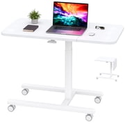 Romorgniz Side End Table with Wheels C-Shaped Table Height Adjustment Rolling Desk with Extended Desktop, White