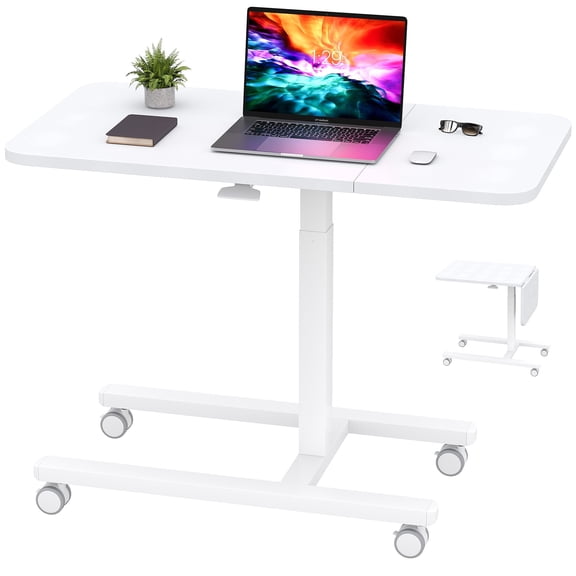 Romorgniz Side End Table with Wheels C-Shaped Table Height Adjustment Rolling Desk with Extended Desktop, White